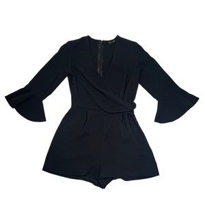 Topshop Women's Sz 2 Romper Jumpsuit Shorts 3/4 Sleeve With Bell Cuff Black